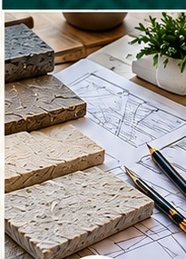 Natural stone samples and architectural plans